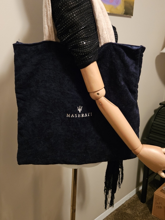 Maserati Handbags - Maserati Navy Terry Tote with Cream Shoulder Handles.
